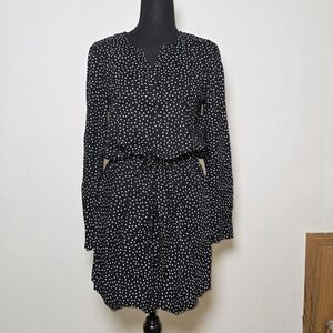 Banana Republic Women's Dress Size 8 Black White Polka Dot Long Sleeve Tie Waist